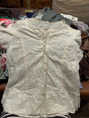 Lace-Up Cream Eyelet Blouse with Feminine Trim